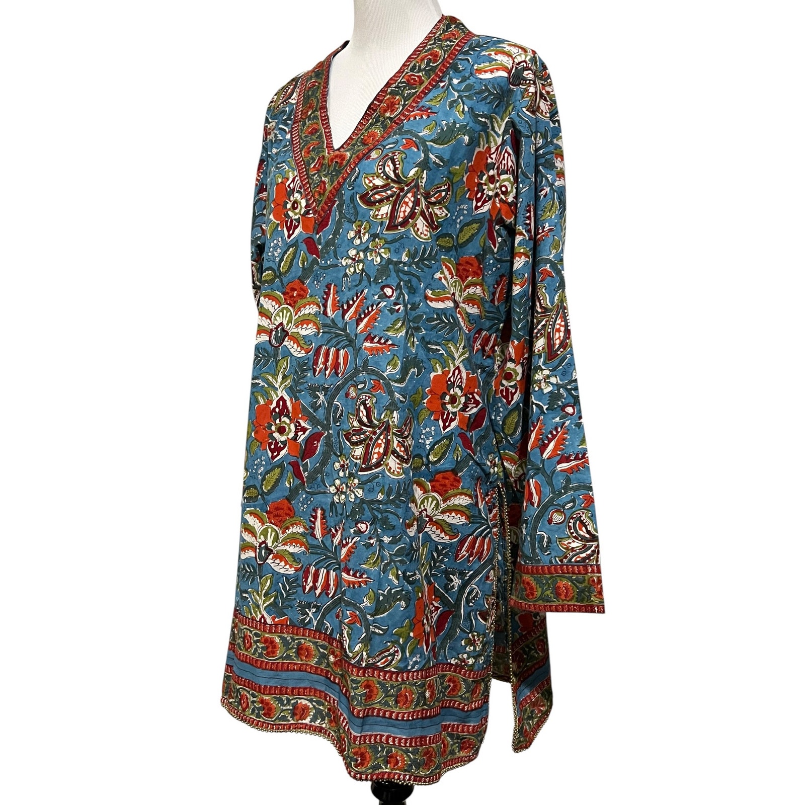 Pax Philomena Fleury Blue Floral Cotton Tunic Hand Block Printed Beaded Top Xxl — image 6 of 8
